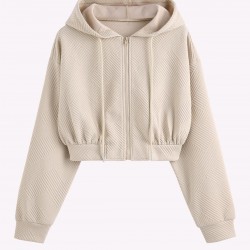 Women's Daily Solid Color Textured Drop Shoulder Drawstring Zip Front Hooded Crop Hoodie