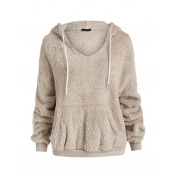 Faux Fur Fluffy Drop Shoulder Pocket Hoodie