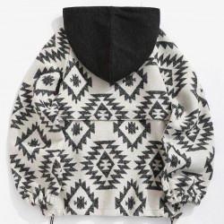 Women's Ethnic Style Tribal Geo Aztec Printed Quarter Zip Raglan Sleeve Front Pocket Wool Blend Loose Pullover Hoodie