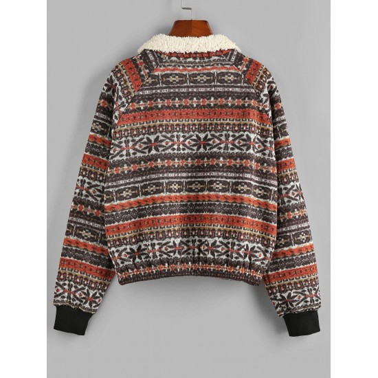 Tribal Ethnic Aztec Printed Faux Shearling Collar Quarter Zip Sweatshirt