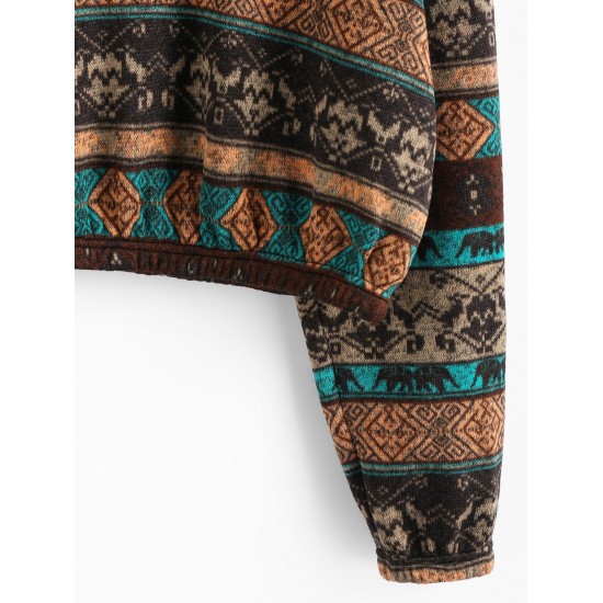 Ethnic Elephant Geo Print Drop Shoulder Quarter Zip Sweatshirt