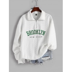 Women's Casual BROOKLYN NEW YORK Letter Embroidered Quarter Zip Cable Textured Pullover Sweatshirt