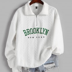 Women's Casual BROOKLYN NEW YORK Letter Embroidered Quarter Zip Cable Textured Pullover Sweatshirt